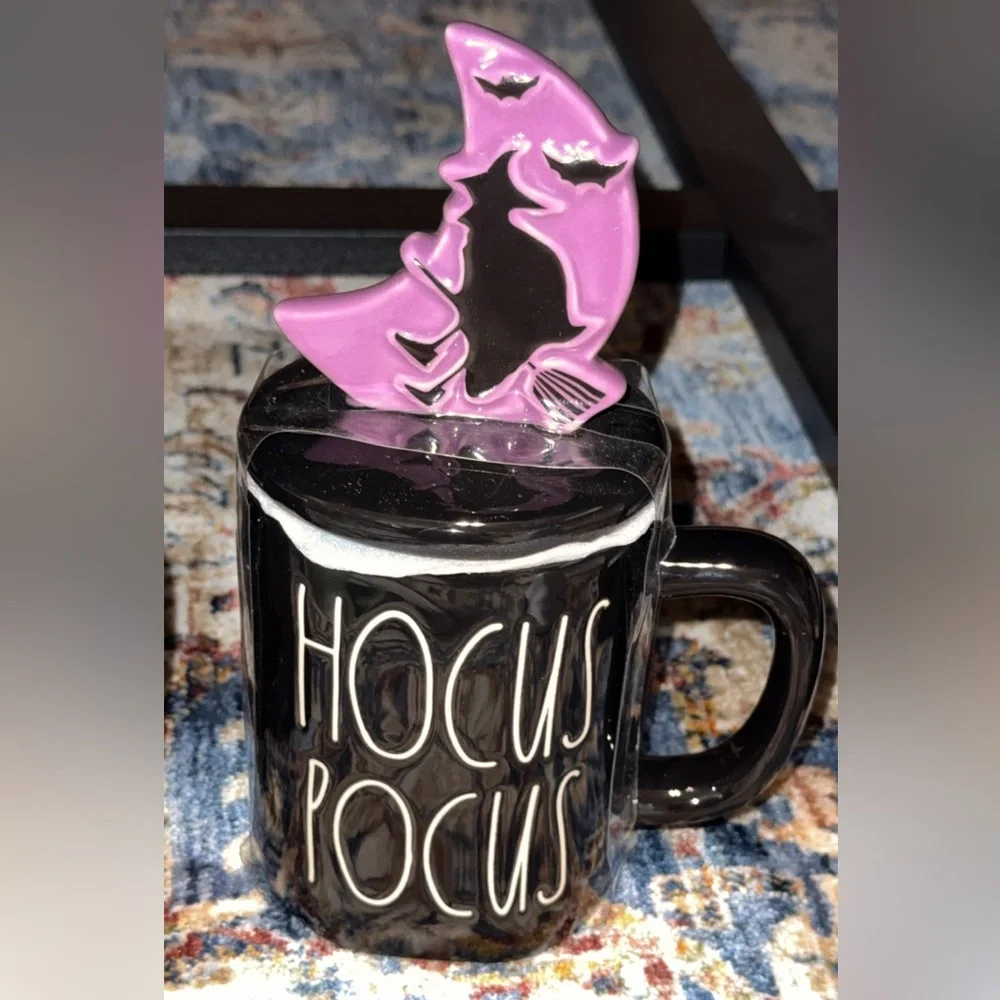 NWT Rae Dunn Ceramic Black Halloween Coffee Tea Mug Cup w/Topper EEK HOCUS POCUS - Picture 3 of 4